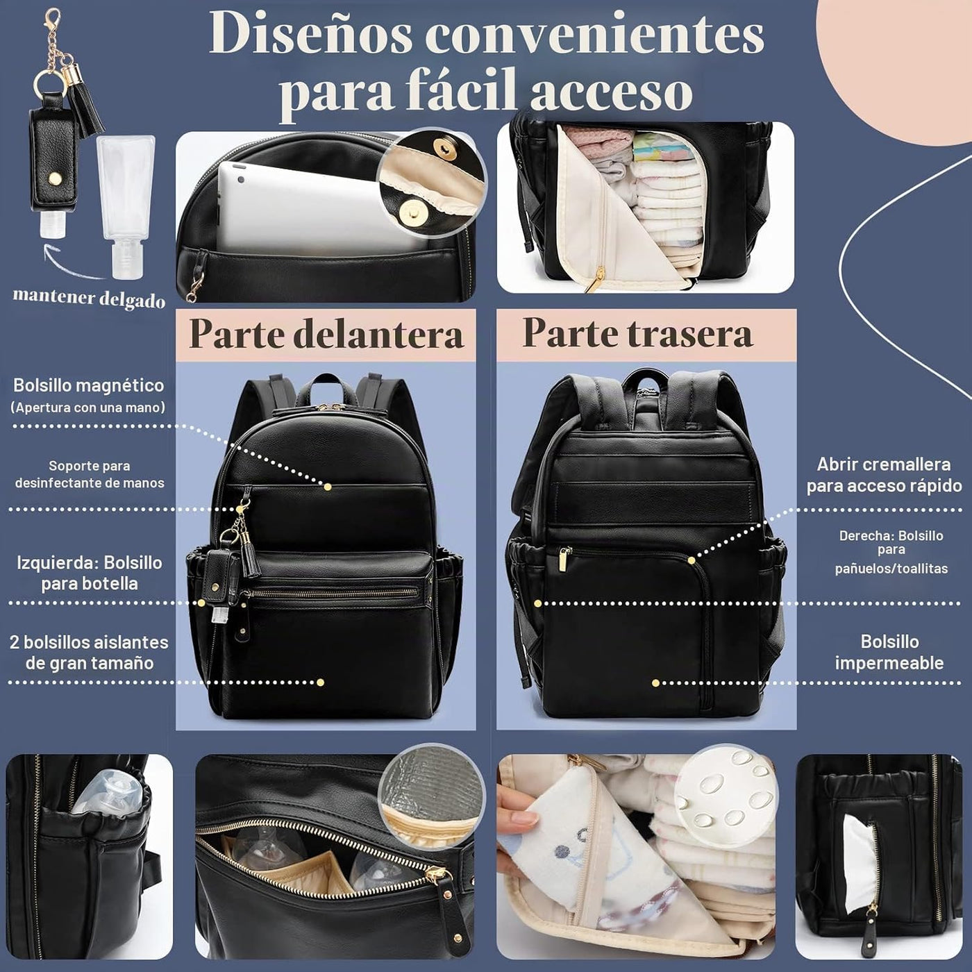miss fong Bolsa de pañales de cuero, bolsa de pañales para bebé, 16...