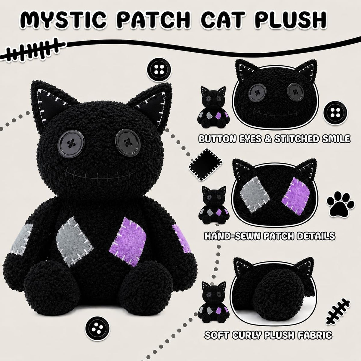 PHHKK Peluche de gato negro cosido gótico de Halloween, decoración...