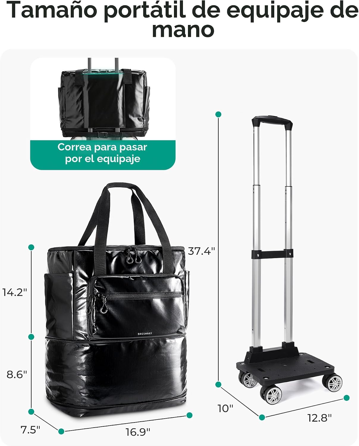 BAGSMART Bolso de viaje enrollable con ruedas, bolsa de equipaje de...