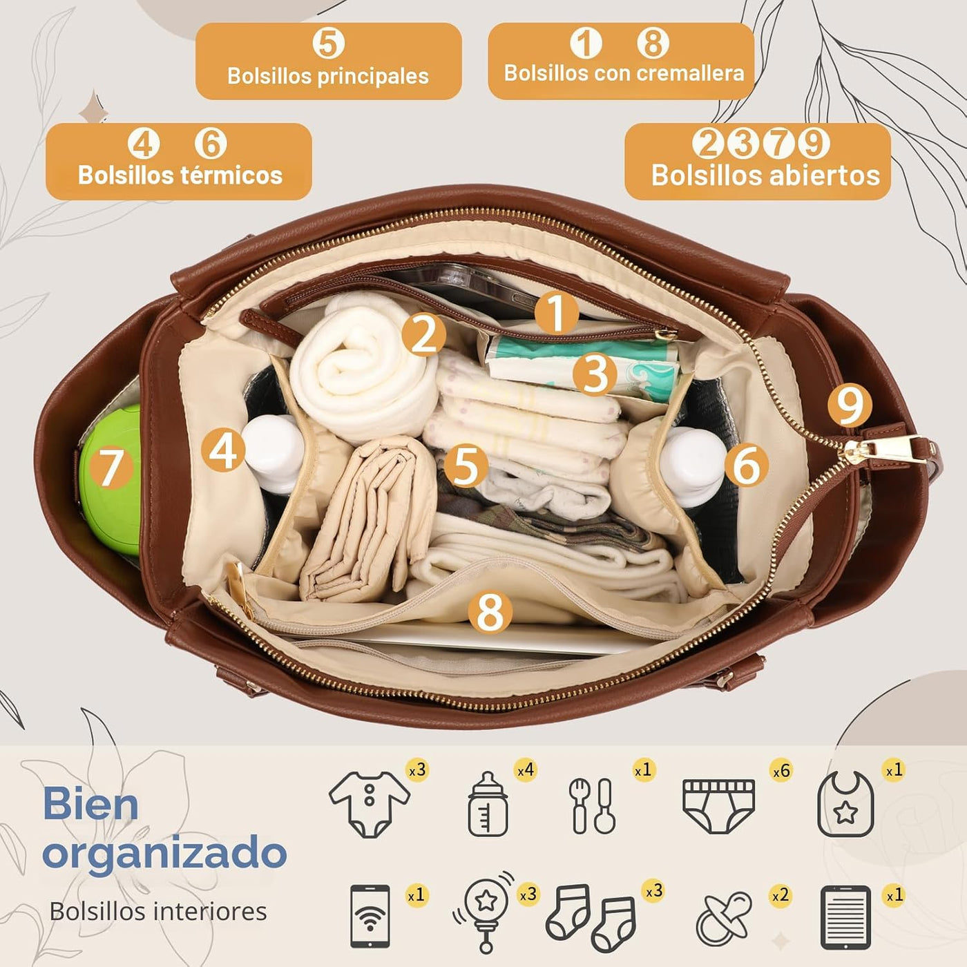 miss fong Bolso de pañales tipo mochila de cuero, bolso grande para...