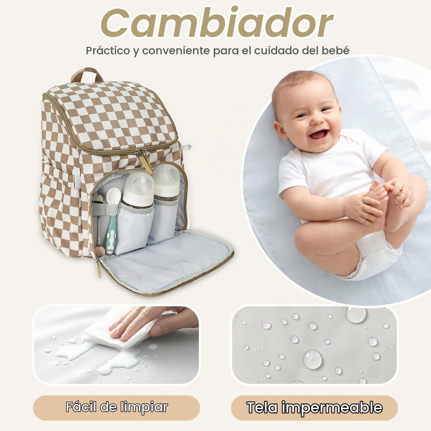 FHELAD Mochila de pañales a cuadros con cambiador y clips para coch...