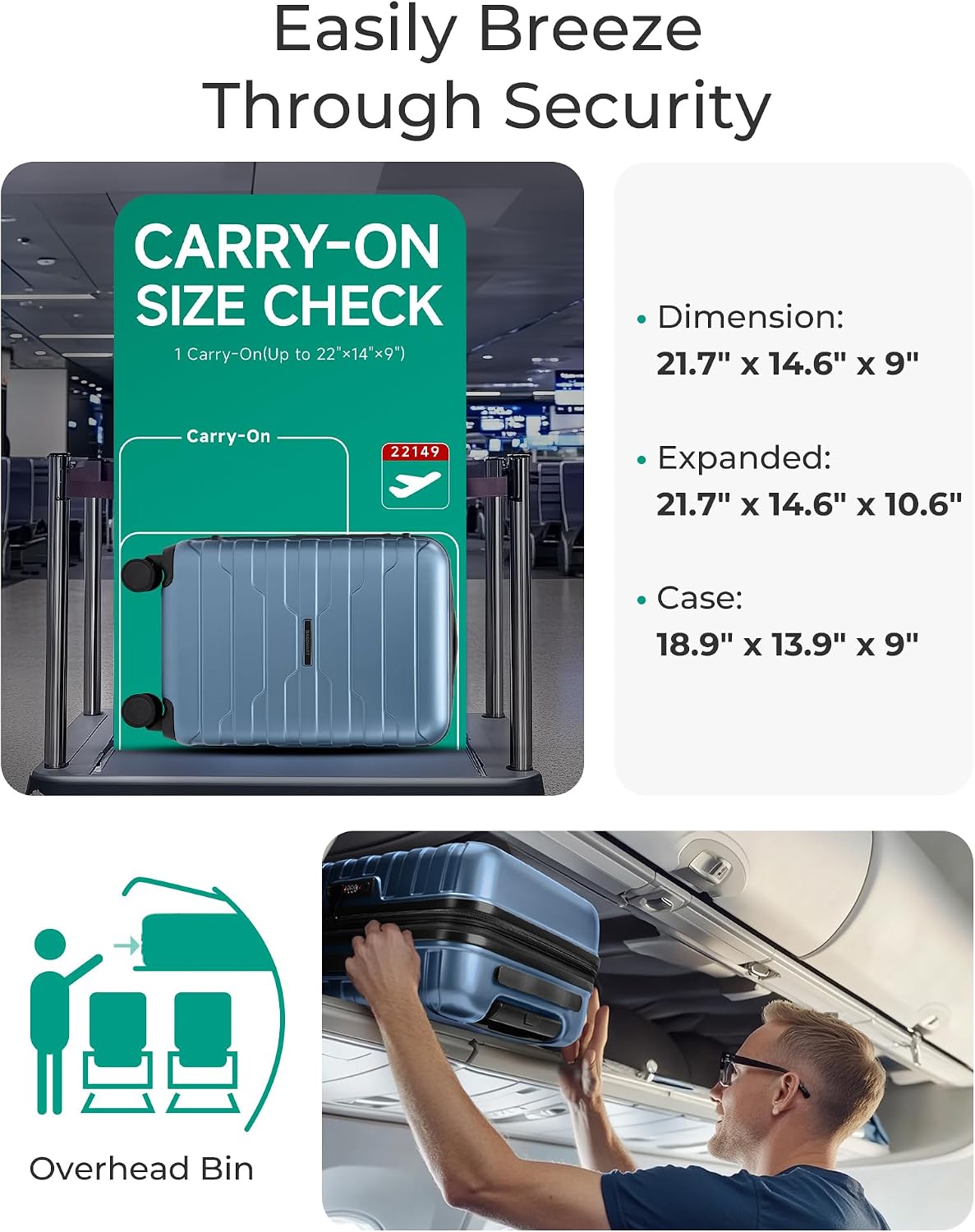 BAGSMART Equipaje de mano de 22 x 14 x 9 aprobado por aerolíneas co...