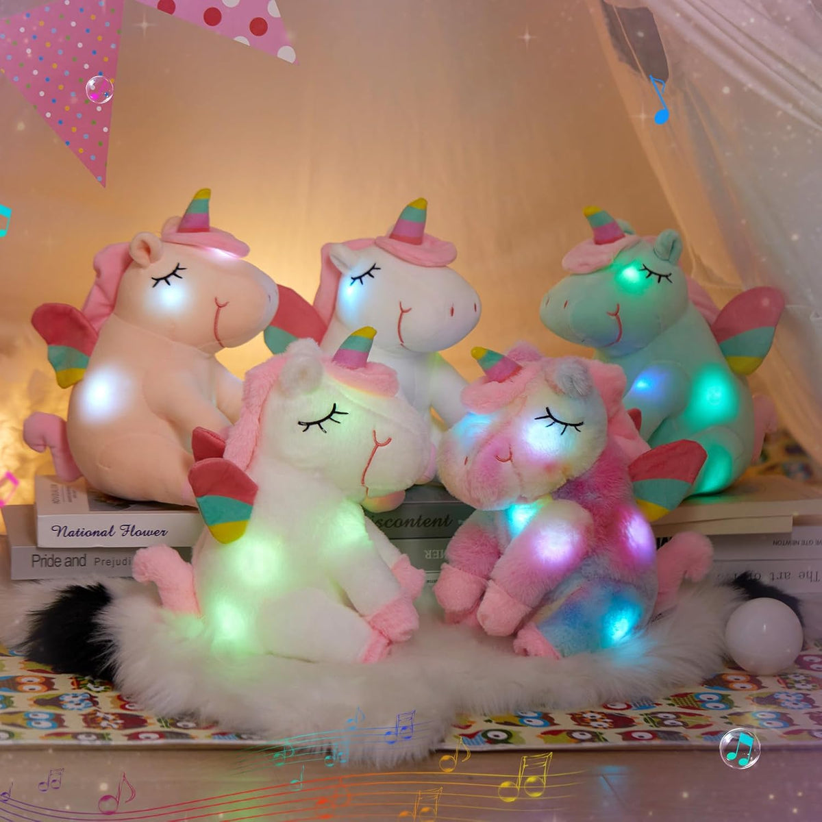 Athoinsu Unicornio de peluche musical con luces LED arcoíris, suave...