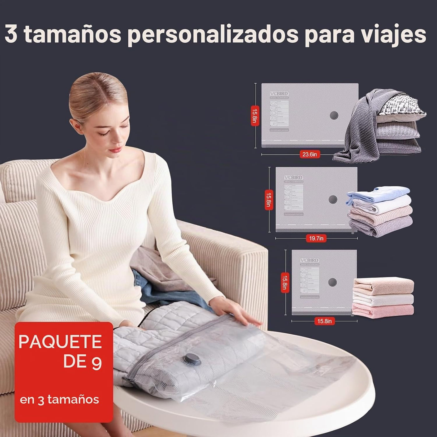 Vacbird Paquete de 9 bolsas de almacenamiento al vacío para viajes,...