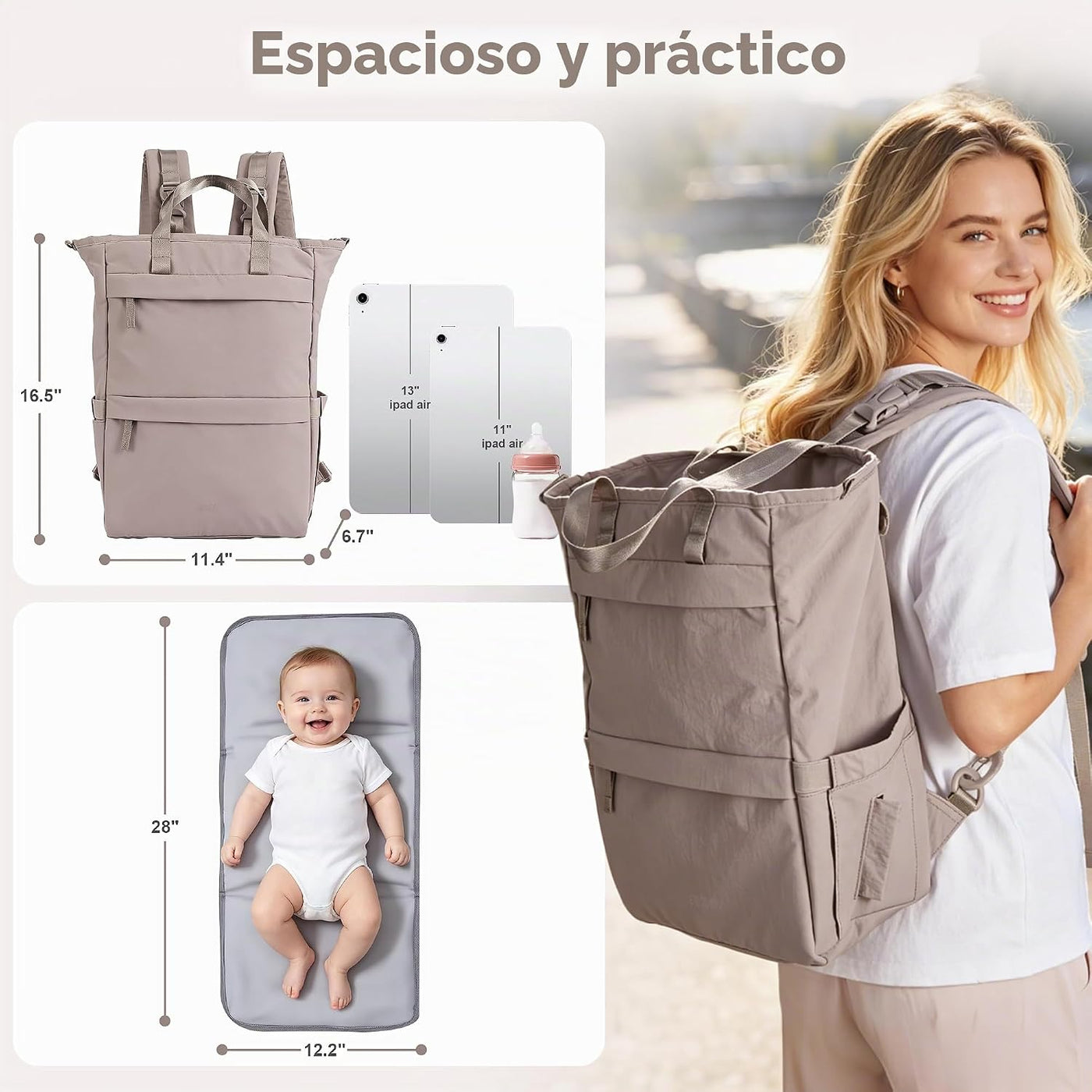 Allovely Mochila para pañales con cremallera trasera de acceso rápi...