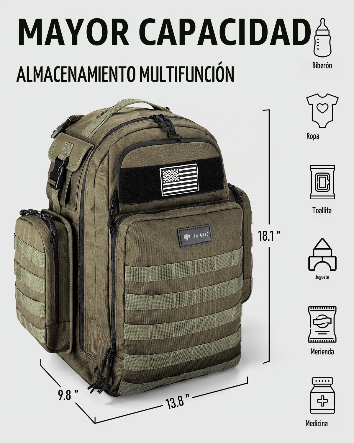 Dinictis Mochila de pañales de 40 L para papá, bolsas de pañales de...