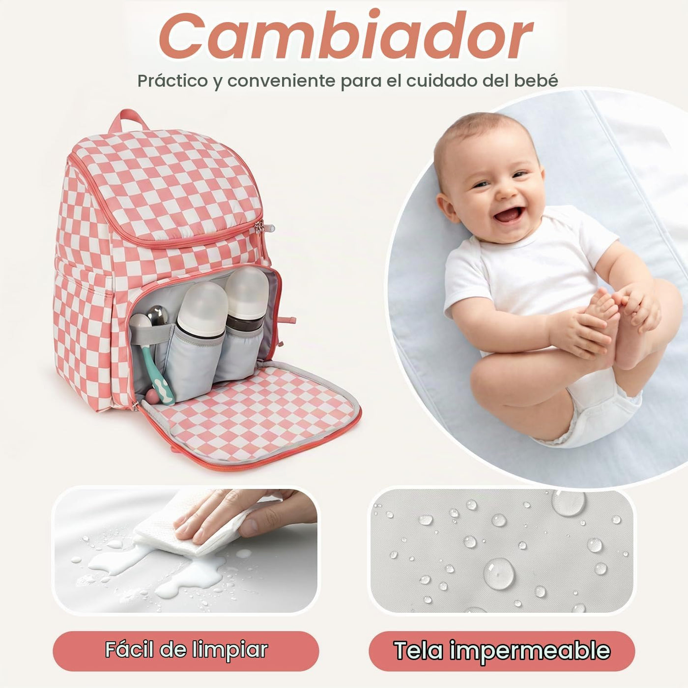 FHELAD Mochila de pañales a cuadros con cambiador y clips para coch...