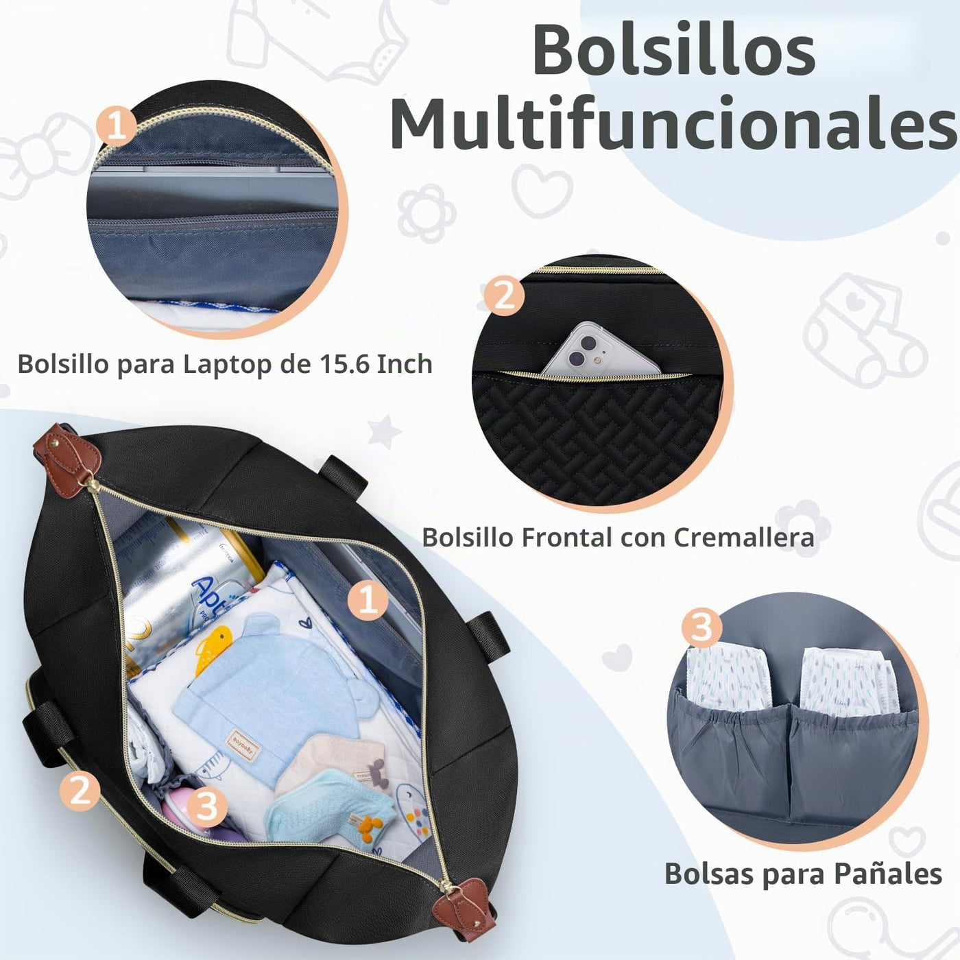 Tenot Bolsa de pañales para bebé, bolsa de viaje para pañales con f...