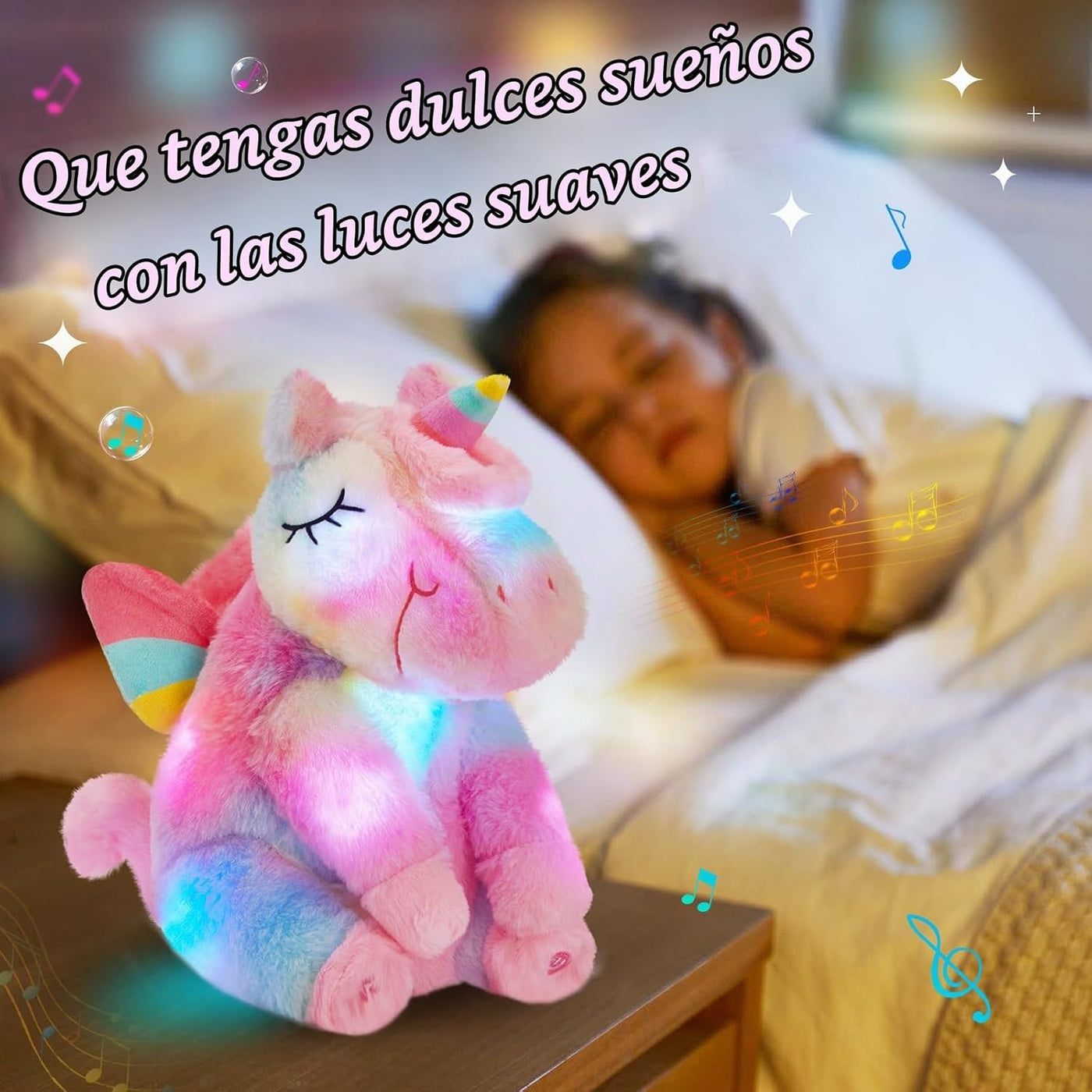 Athoinsu Unicornio de peluche musical con luces LED arcoíris, suave...