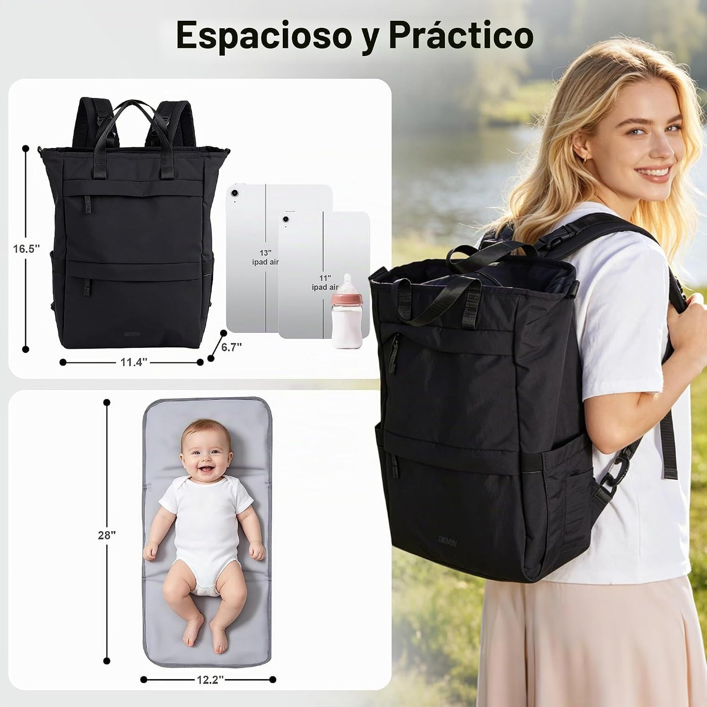 Allovely Mochila para pañales, bolsa de pañales grande para bebé co...