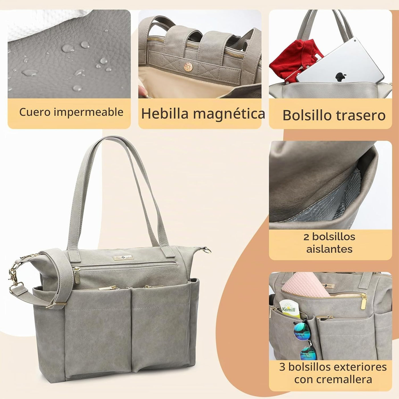 Miss Fong Bolso de cuero para pañales con almohadilla para cambiar,...
