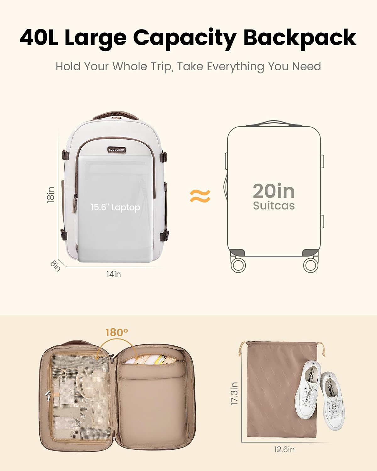 LOVEVOOK Mochila de viaje de 40L para mujer, equipaje de mano aprob...