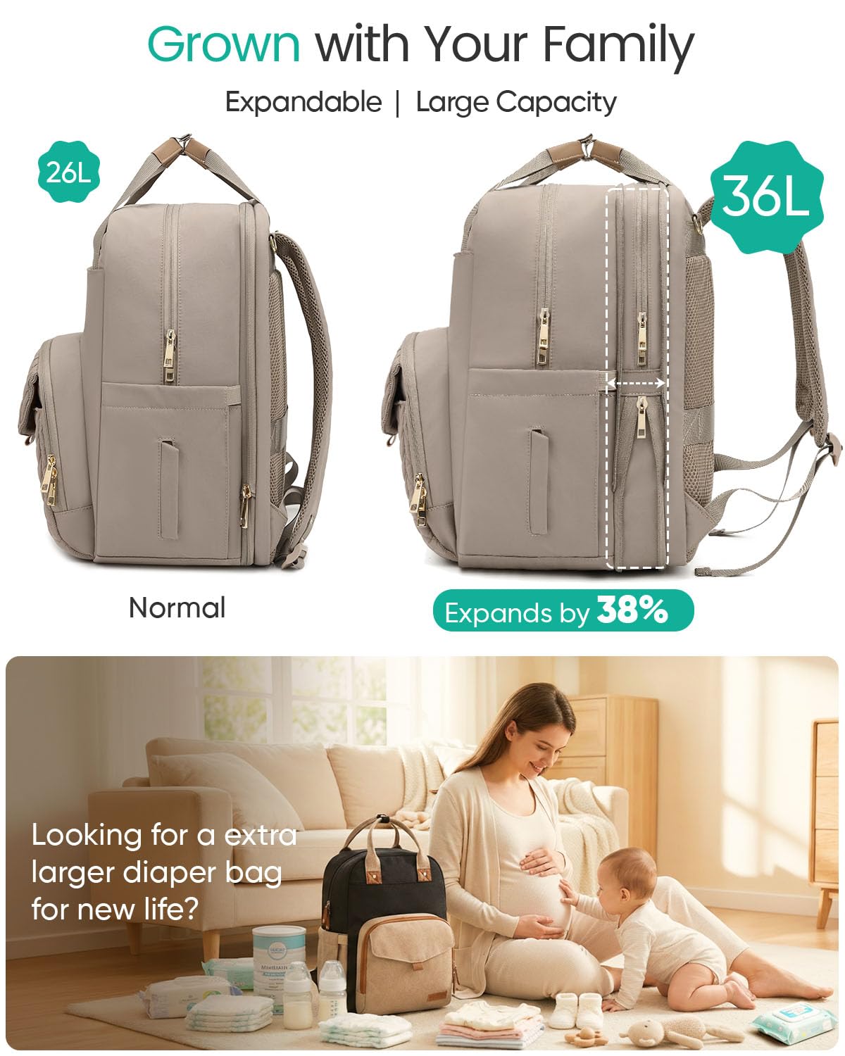 Qualyphant Mochila de pañales extragrande para 2 niños expandible 2...
