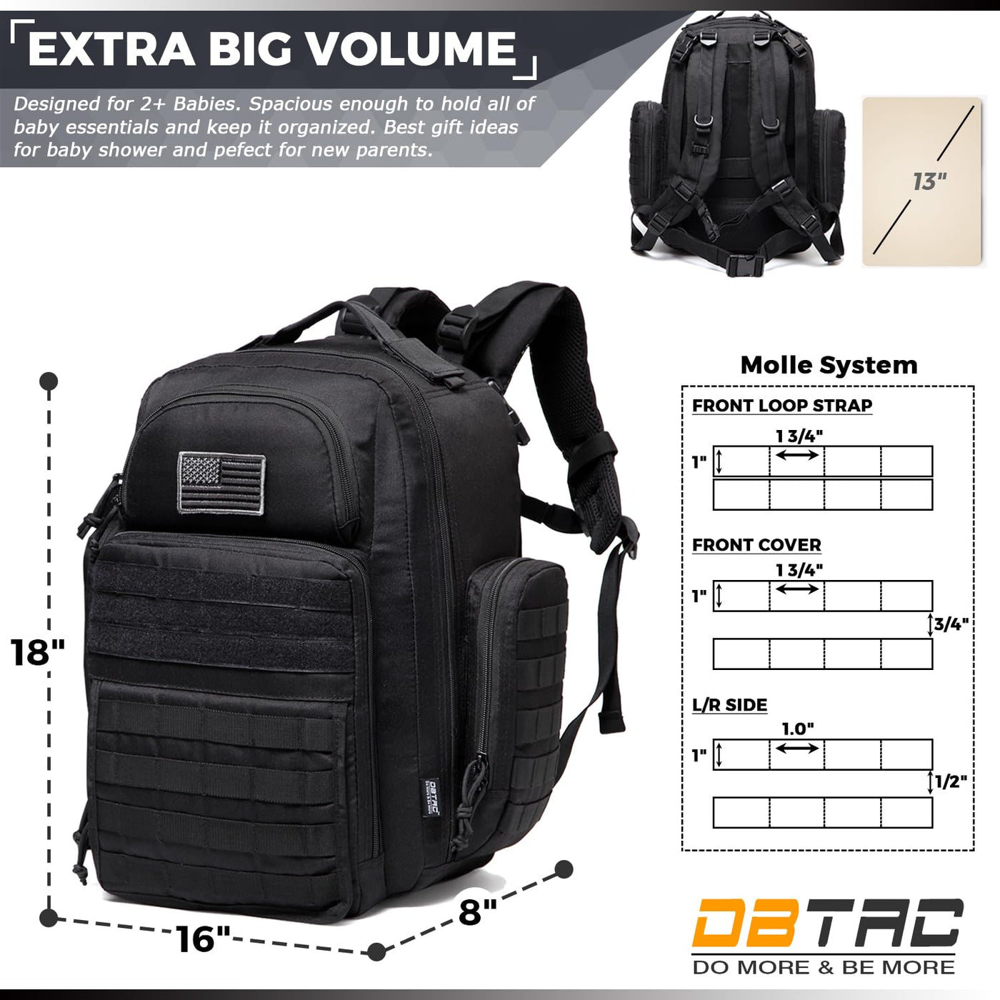 Mochila para pañales para papá DBTAC, bolsa grande de pañales para...