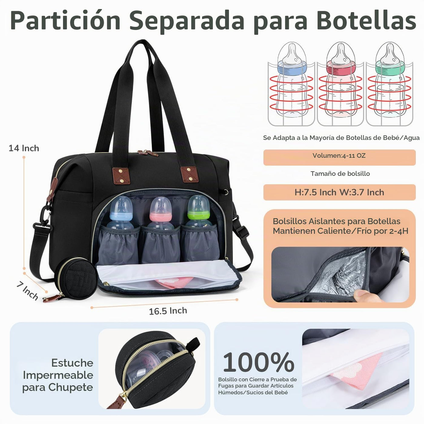 Tenot Bolsa de pañales para bebé, bolsa de viaje para pañales con f...