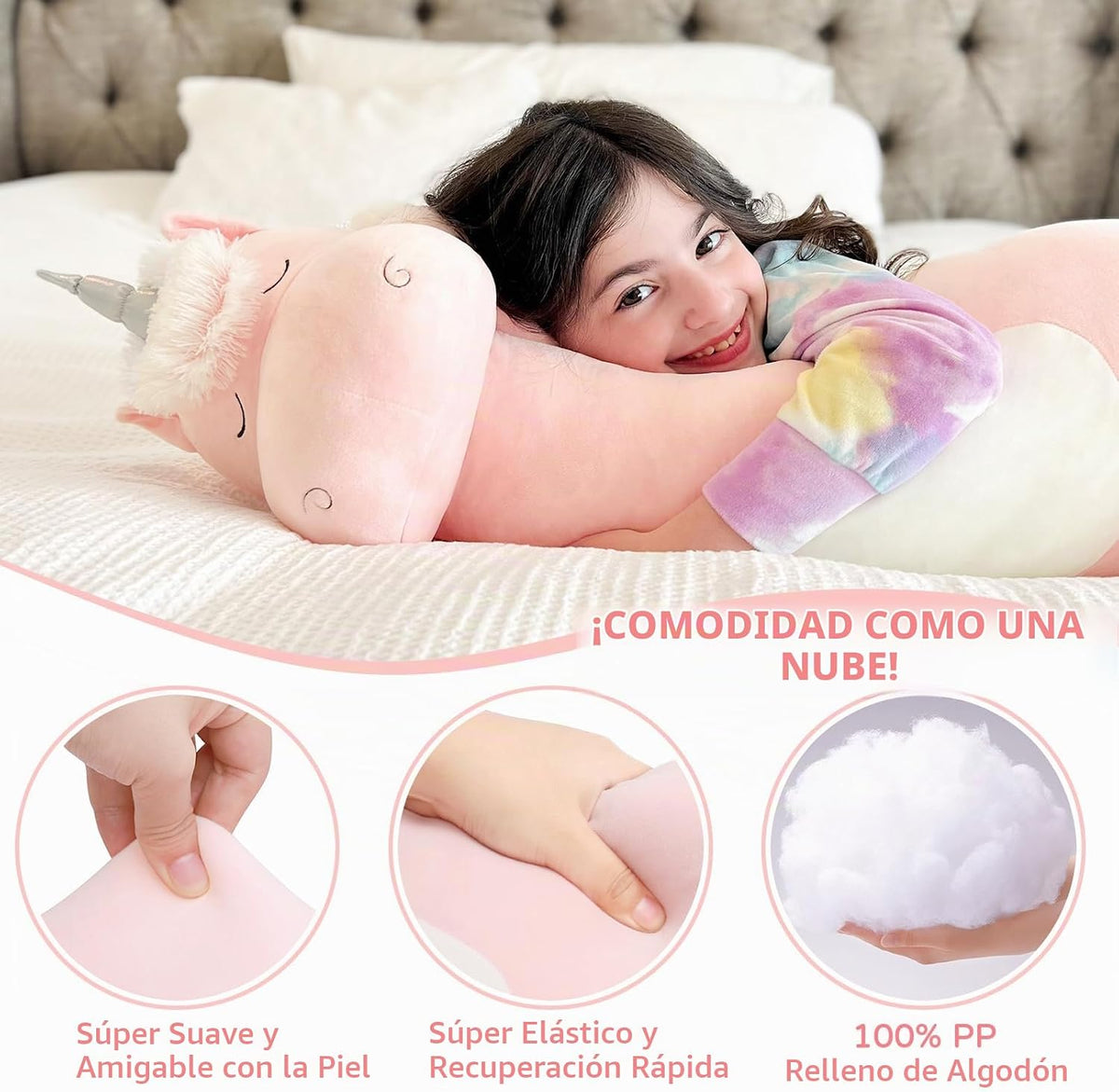 MorisMos Almohada grande con forma de unicornio, 36.2 pulgadas, pel...