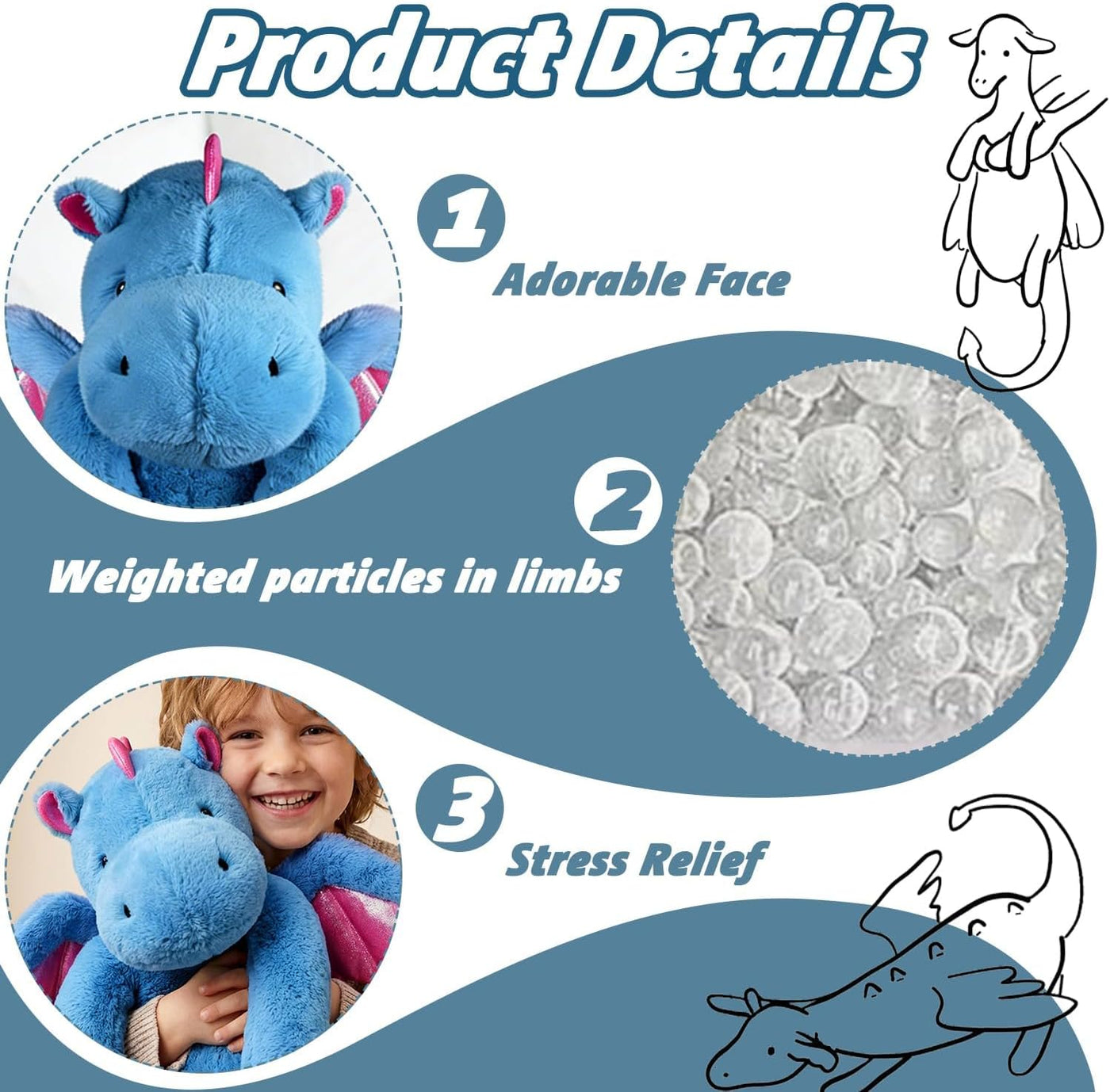 ARELUX Peluche de dragón grande, bonito peluche de pterosaurio azul...