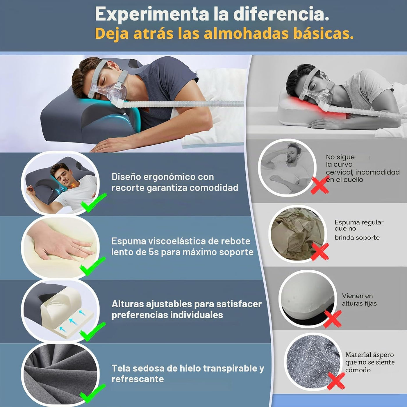 IKSTAR Almohada CPAP 5.0 para dormir de lado, altura ajustable\/sop...