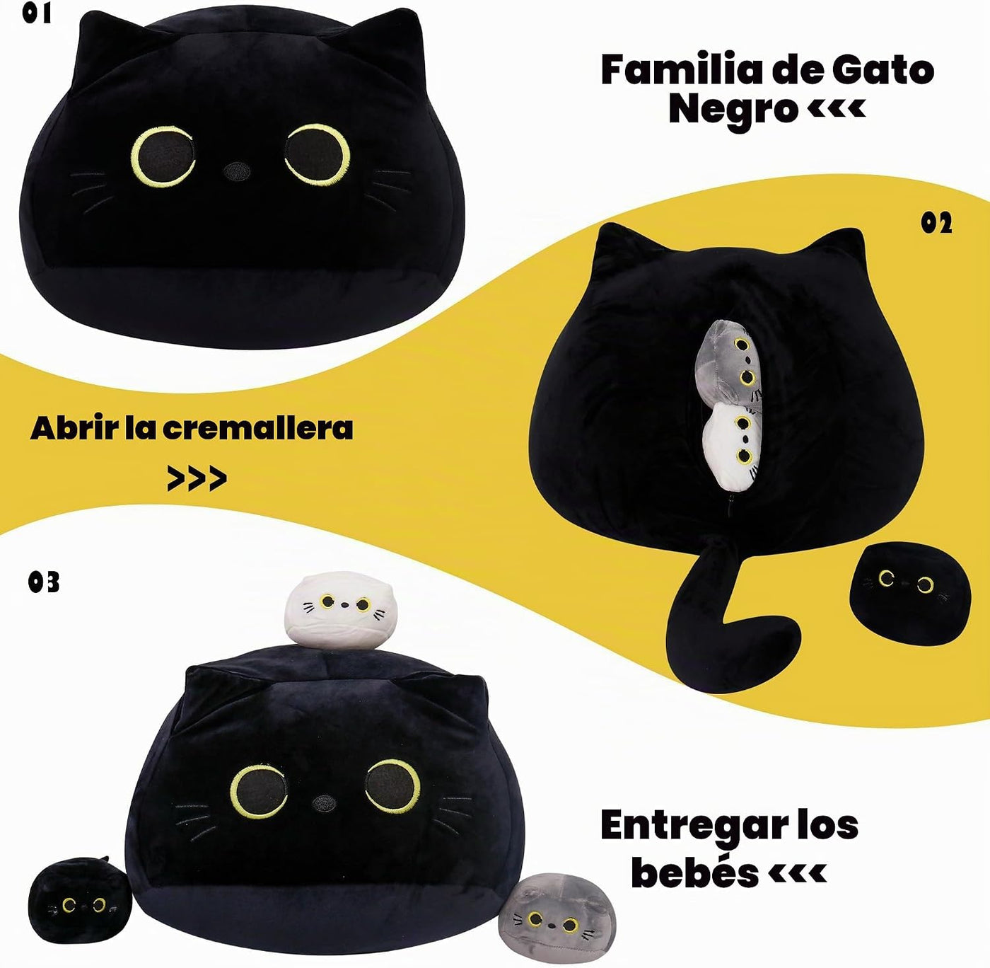 WeBingo Juego de 4 piezas de peluche de gato negro, almohada de pel...