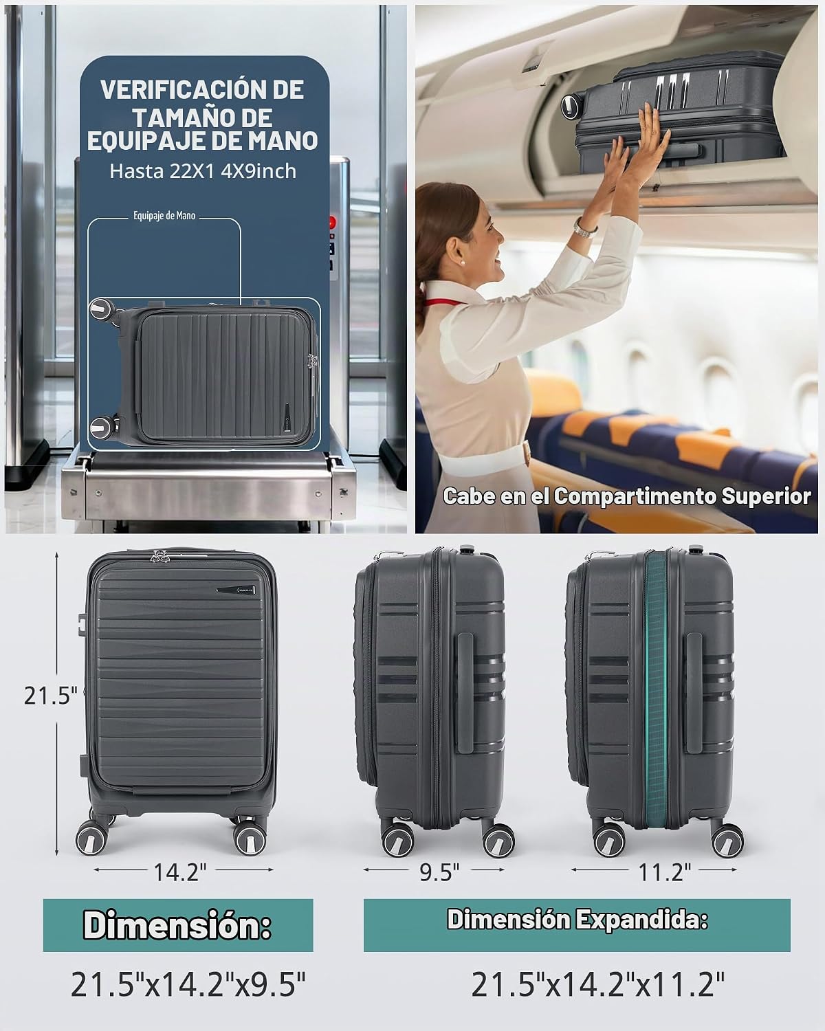 RAINSMORE Maleta de mano expandible de 20 pulgadas, aprobada por ae...