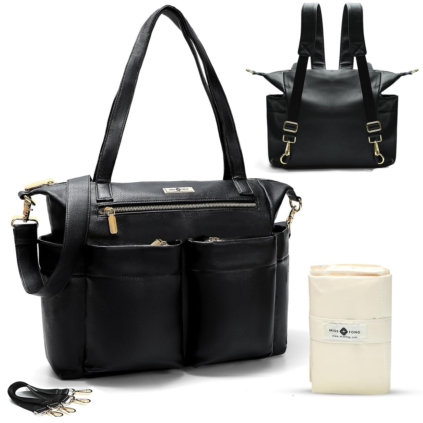 Miss Fong Bolso de cuero para pañales con almohadilla para cambiar,...