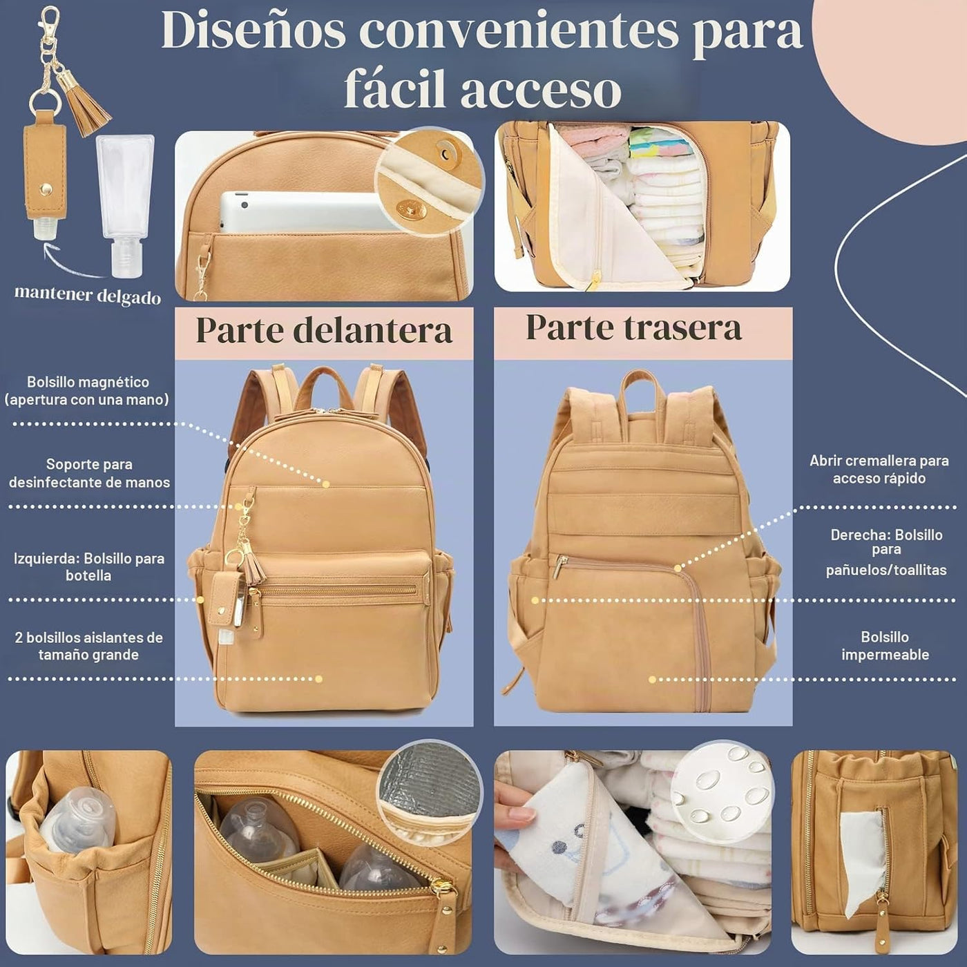 miss fong Mochila de cuero para pañales con 16 bolsillos, bolsa de...