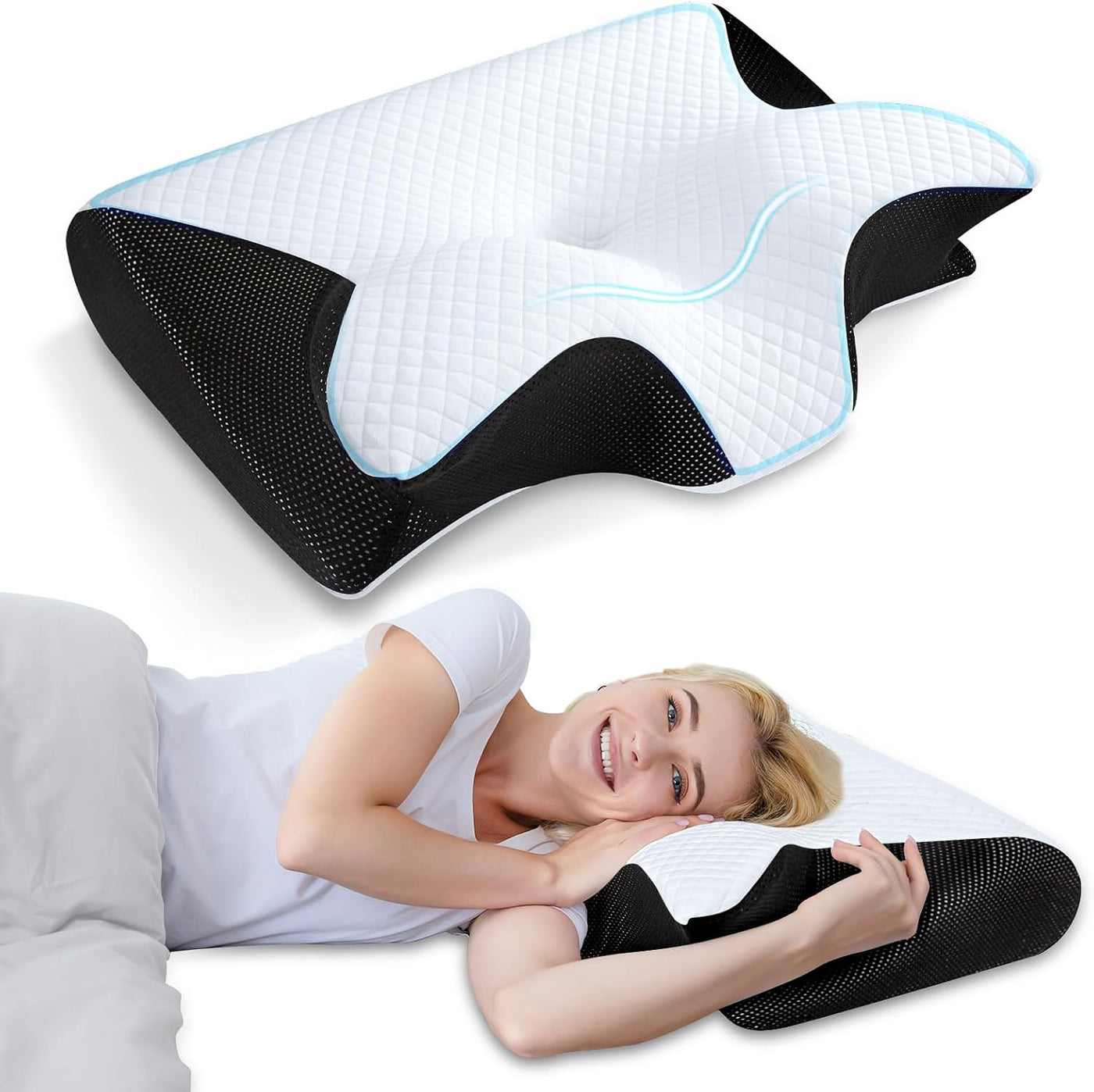 HOMCA Almohada cervical de espuma viscoelástica, 2 en 1, almohada o...