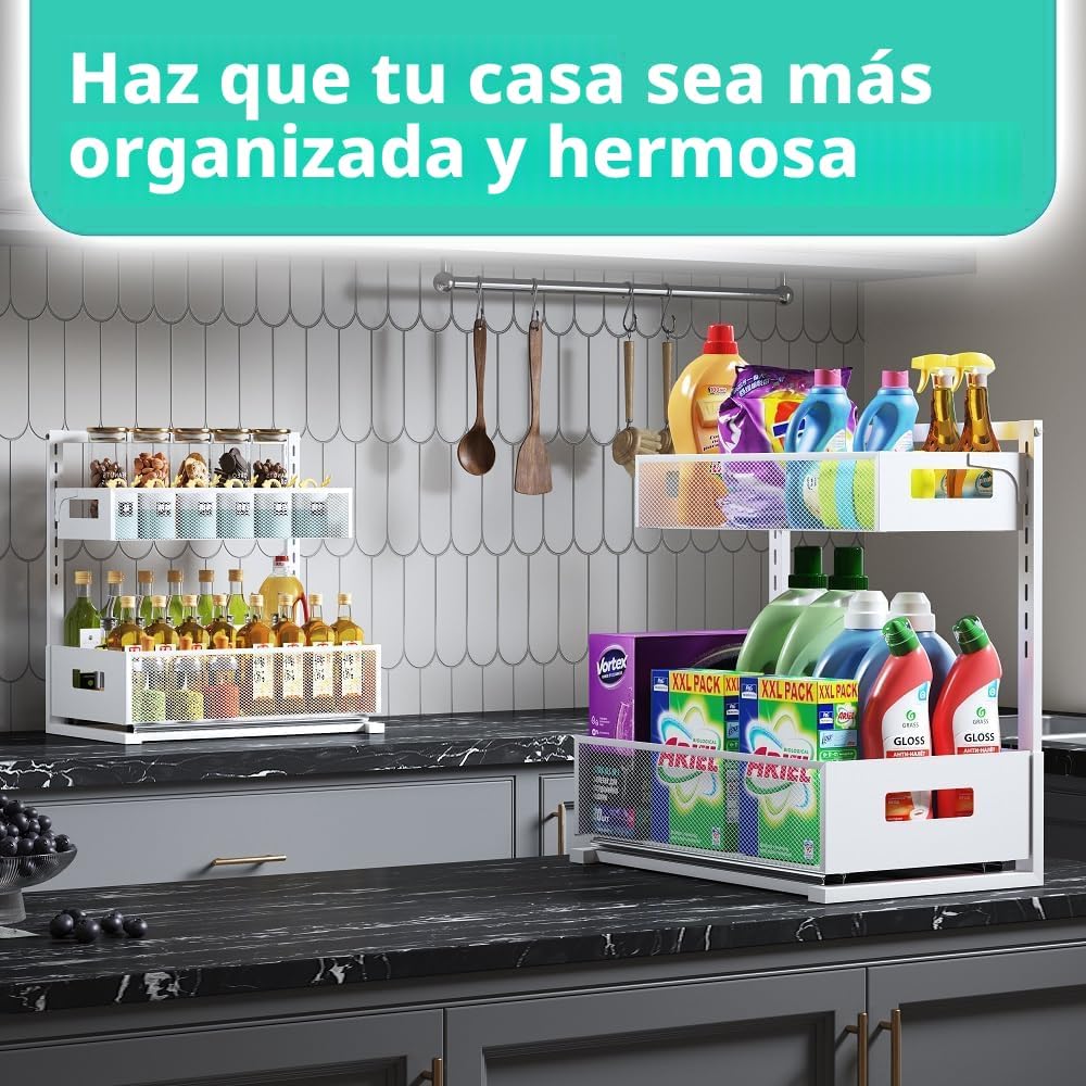 Organizador para debajo del fregadero, organizador de baño de 2 niv...