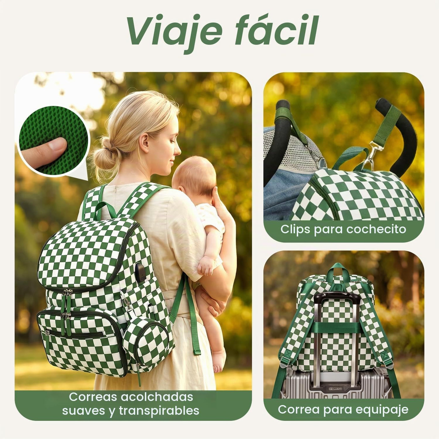 FHELAD Mochila de pañales a cuadros con cambiador y clips para coch...