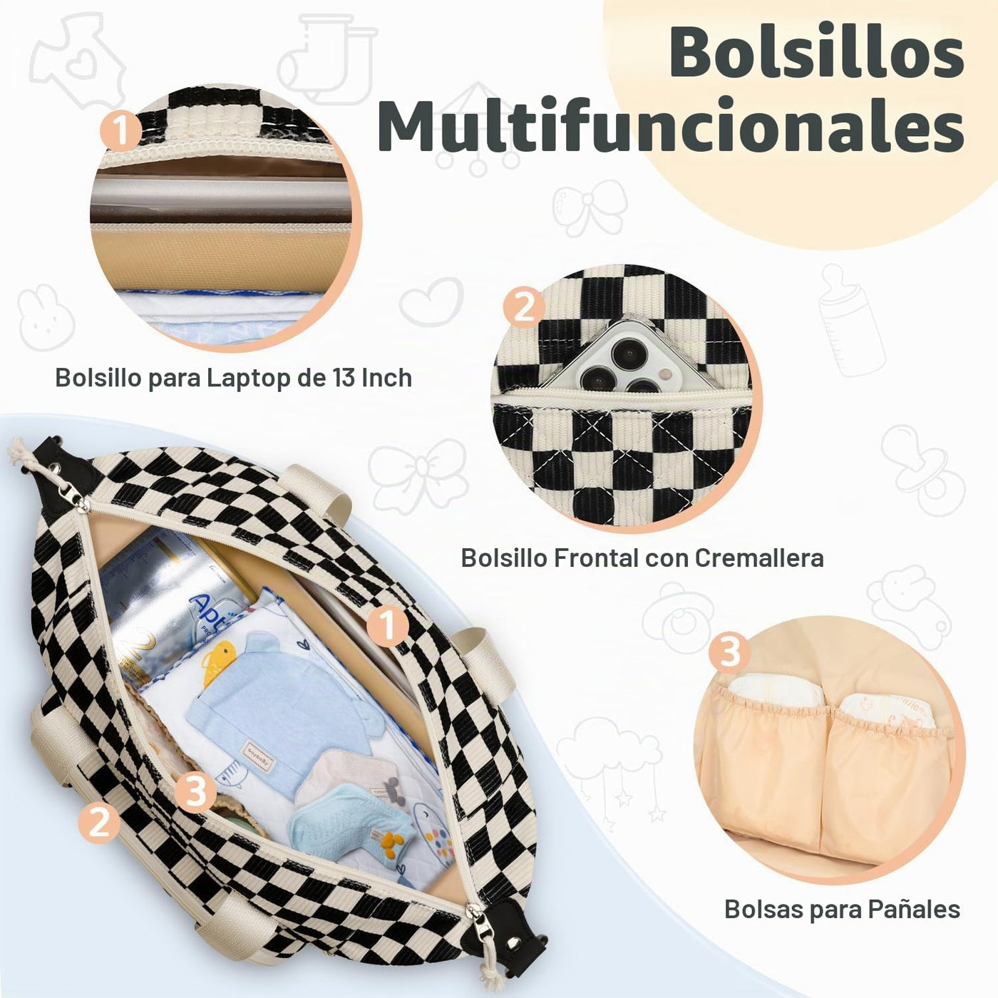 Tenot Bolsa de pañales de pana, bolsa de viaje para pañales con fun...
