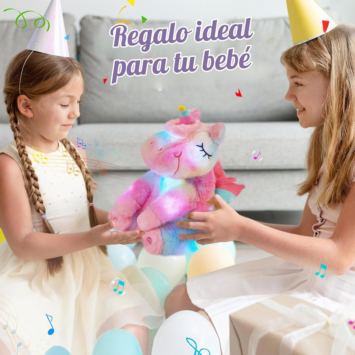 Athoinsu Unicornio de peluche musical con luces LED arcoíris, suave...