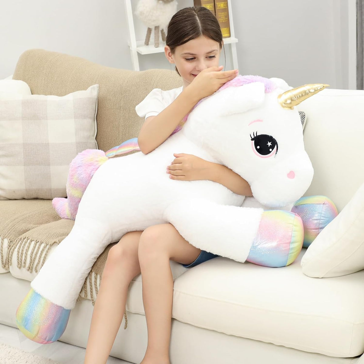FFxiong Almohada de peluche gigante de unicornio de 44 pulgadas, li...
