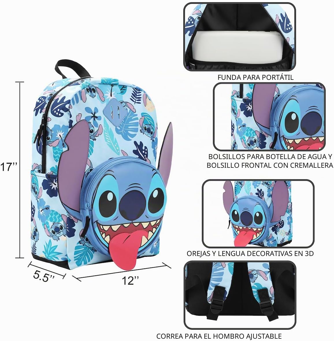 Mochila Disney Stitch Personaje 3D 17"