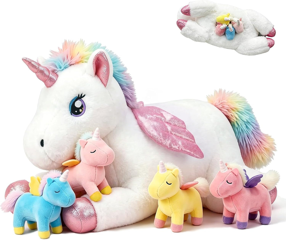 MMguai Animal de peluche de unicornio 5-1 con bebés en vientre con...