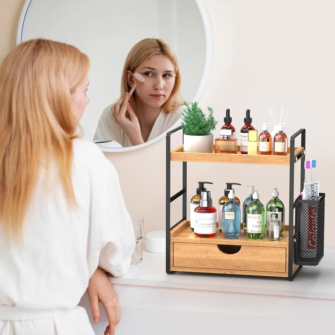 LEMIKKLE Organizador de encimera de baño con cajón y cesta, organiz...