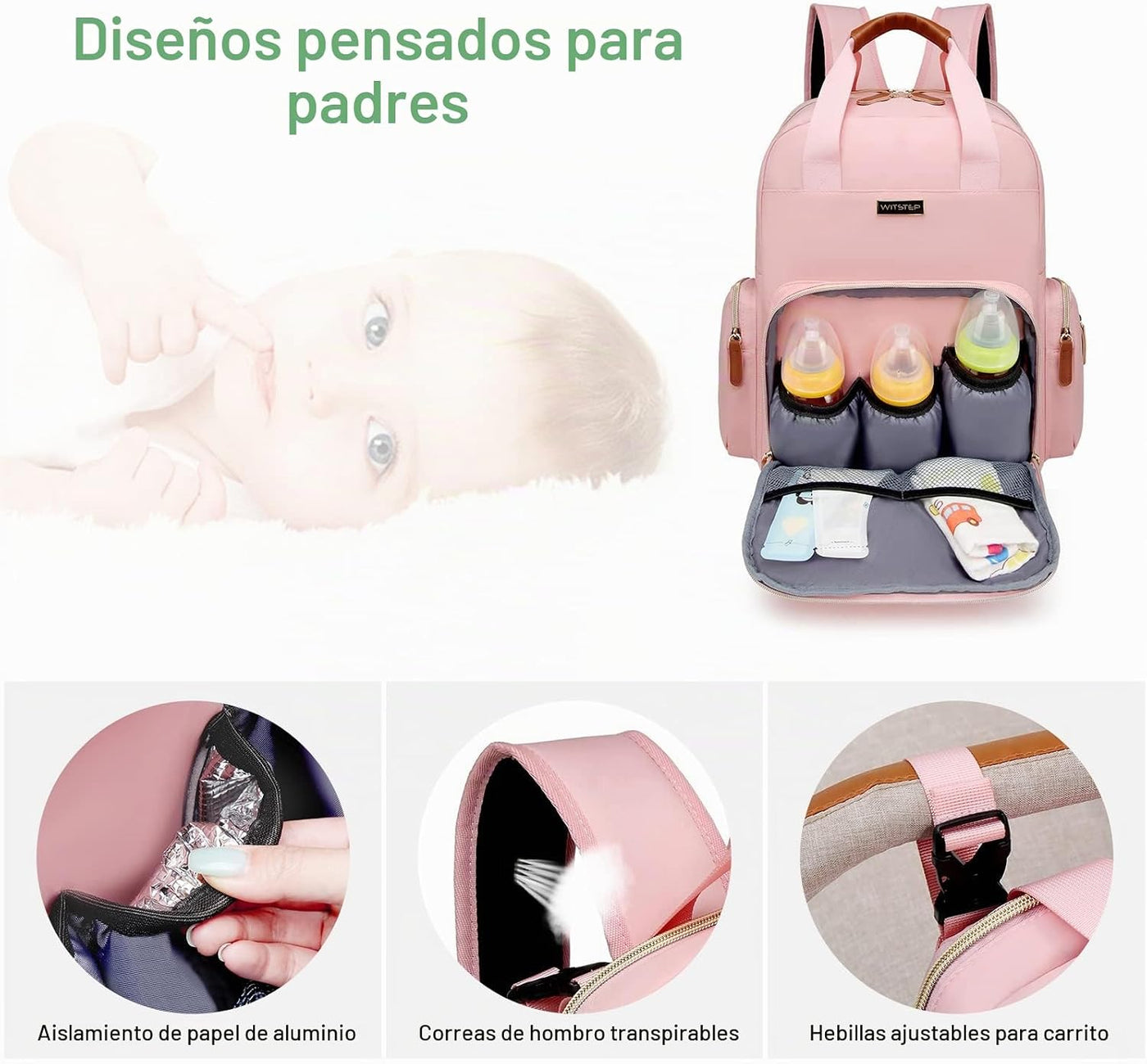 WITSTEP Mochila para pañales con cambiador, organizador de bolsas d...