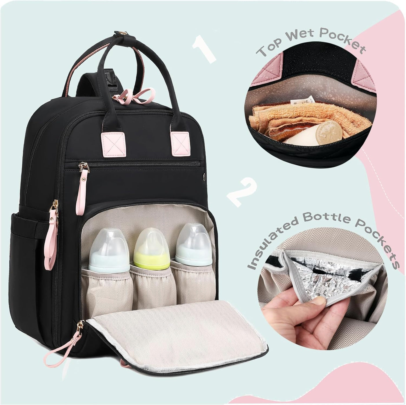 LORADI Mochila grande para pañales de 18 bolsillos, color negro | C...