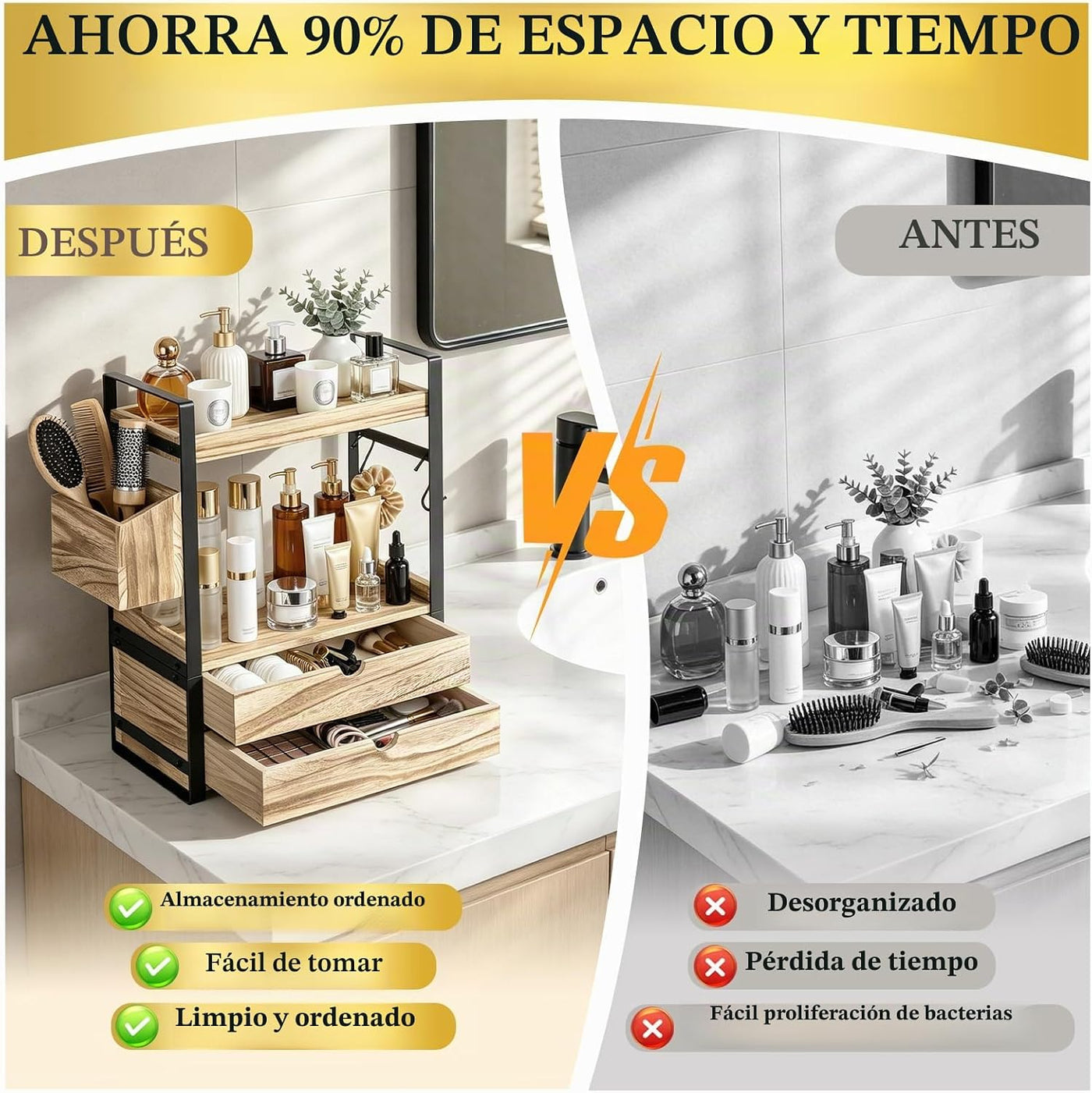 Organizador de encimera de baño de 2 niveles con 2 cajones, cesta y...