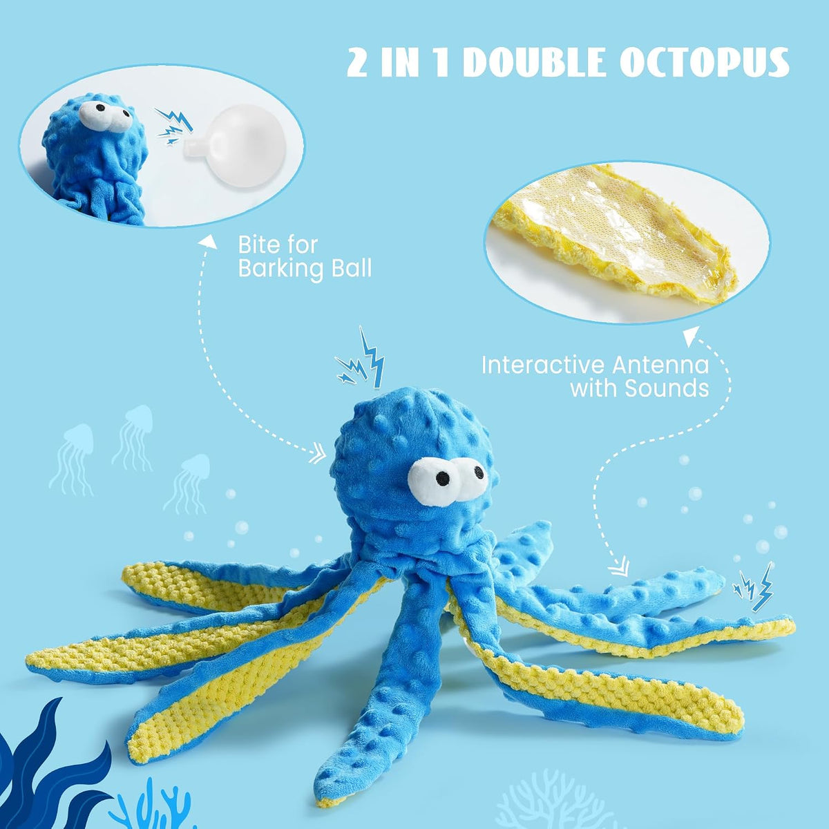 Nocciola Juguete de pulpo azul chirriante arrugado para perros, jug...