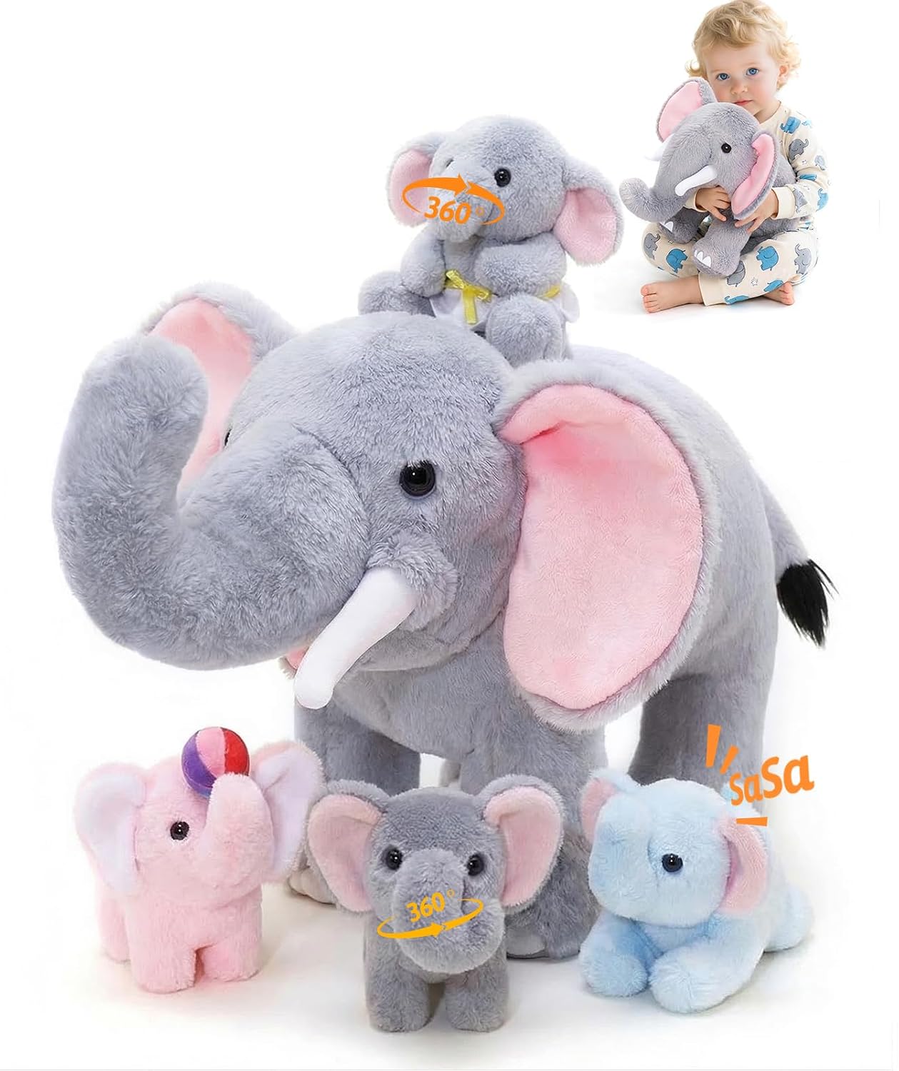 OUOZZZ Animal de peluche de elefante con 4 elefantes bebés, juego d...