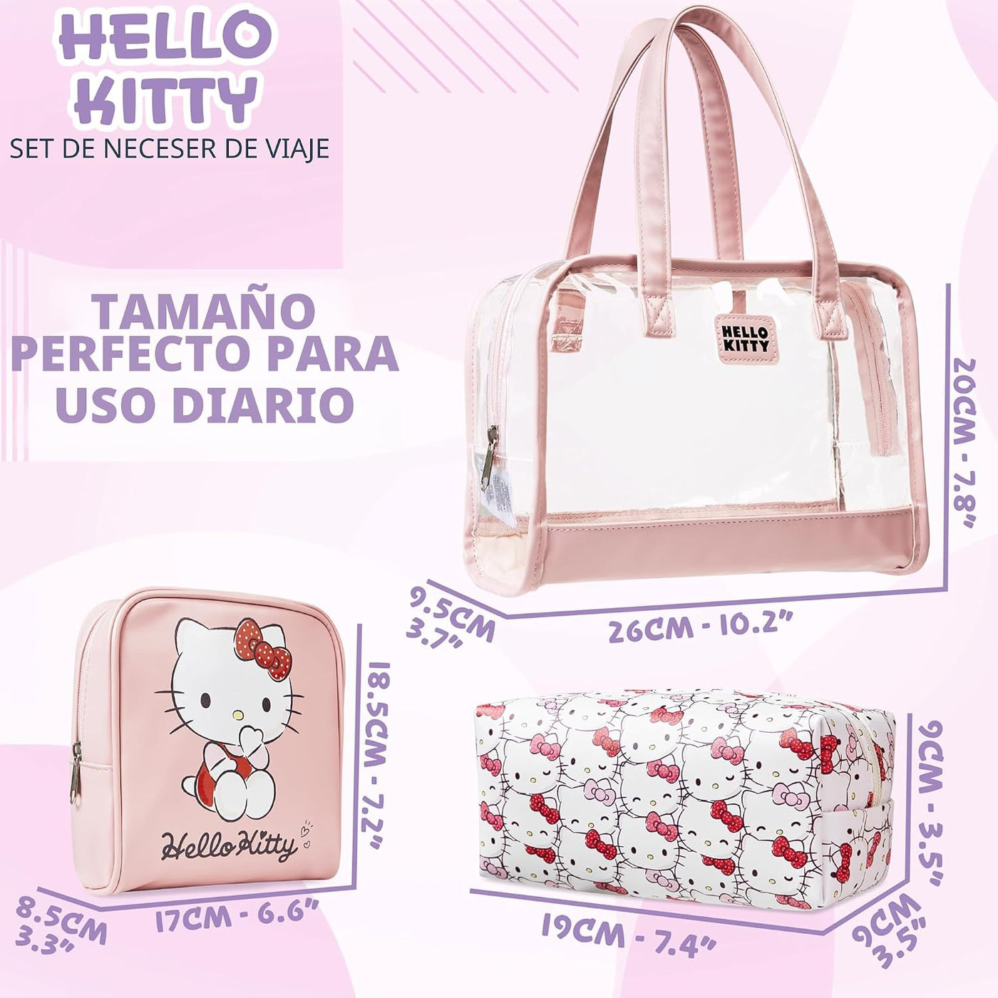 Set de bolsa de aseo y maquillaje Hello Kitty de 3 piezas para muje...