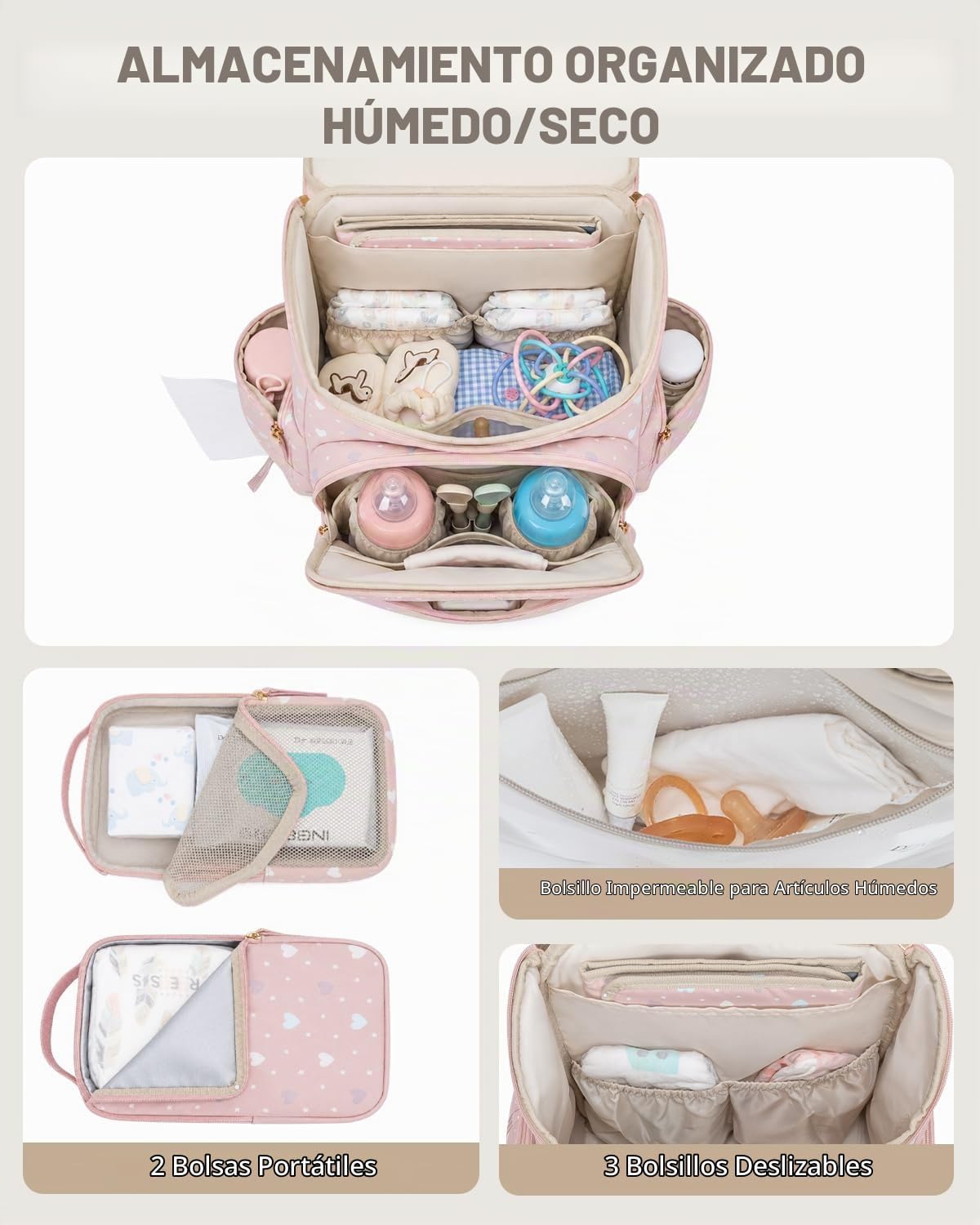 KABAQOO Mochila para pañales con cambiador y bolsillos aislados, Ro...