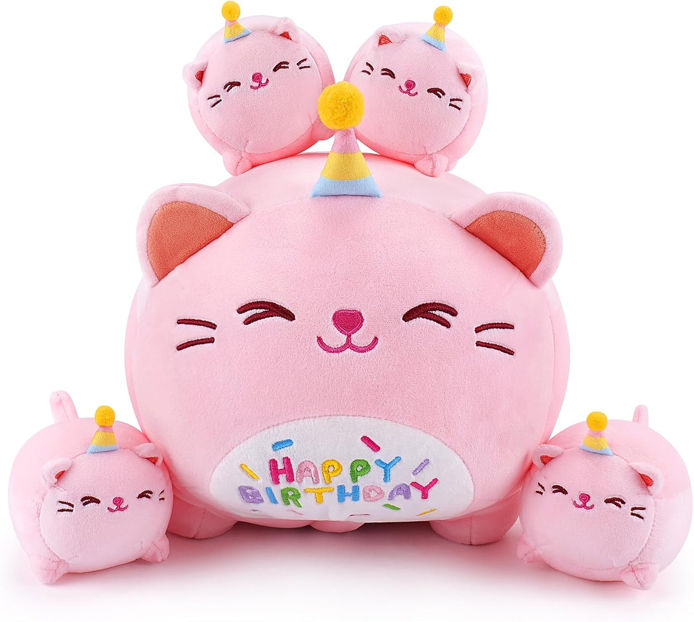 Peluche de Gato Rosa de Cumpleaños, 5 Piezas Familia de Animales de...