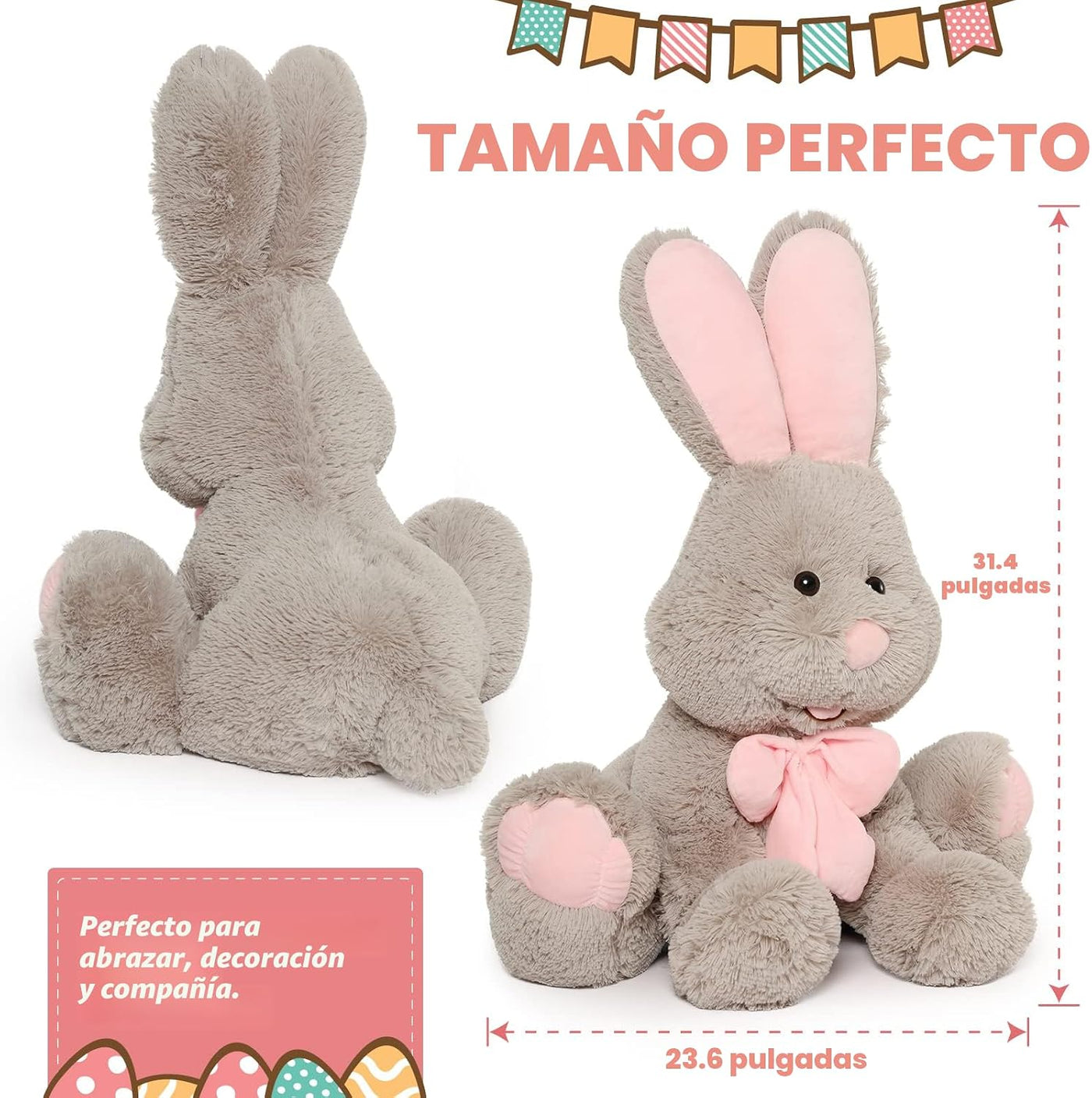 MorisMos Peluche de conejo gigante, conejo gris grande de 31.5 pulg...