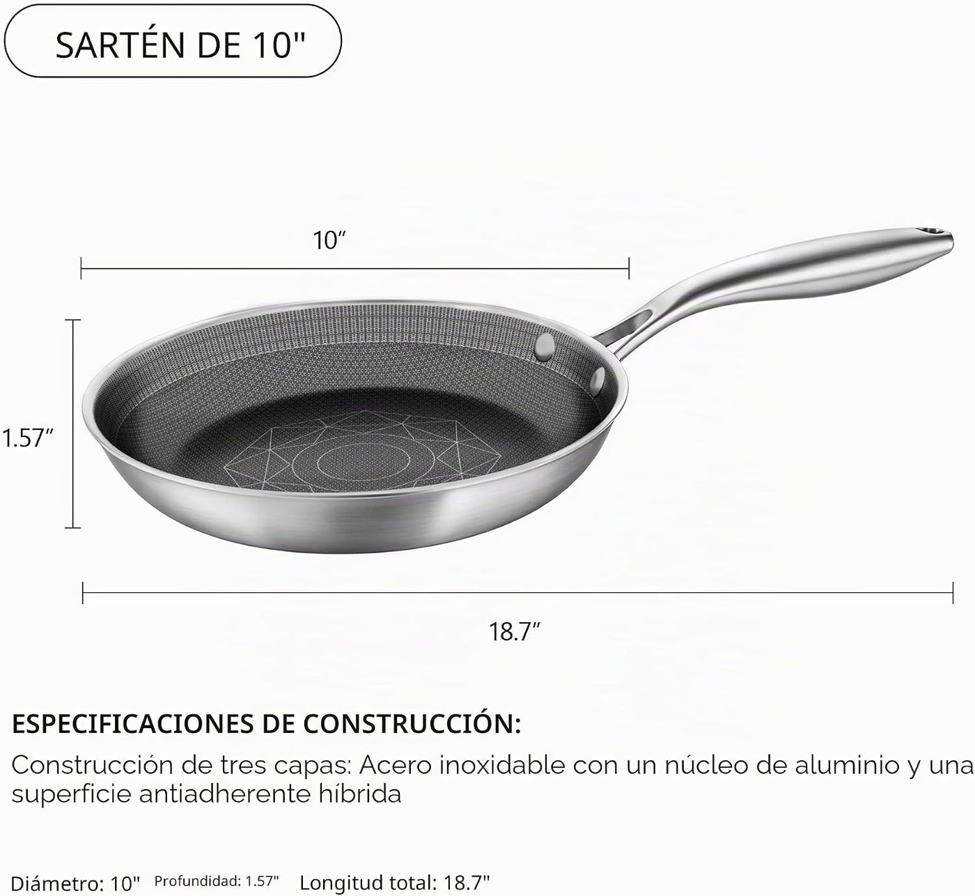 COOKER KING Sartén de acero inoxidable de 10 pulgadas, sartén antia...
