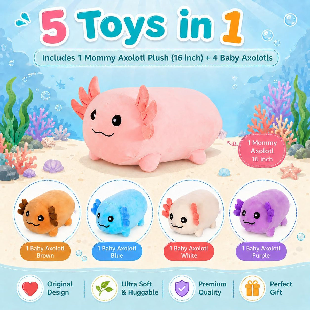 MMguai Peluche de ajolote de 16 pulgadas con 4 bebés, juguete de aj...