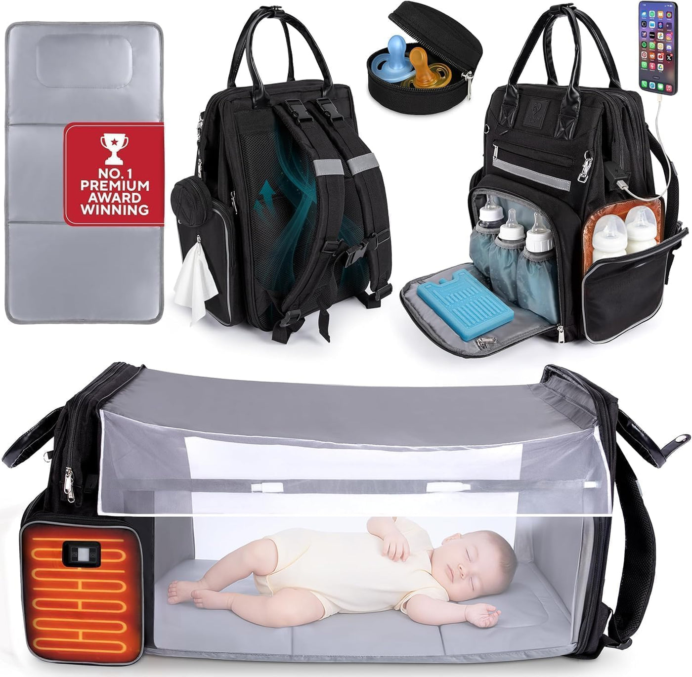 Bolsa de pañales para bebé premium con cambiador, mochila para paña...