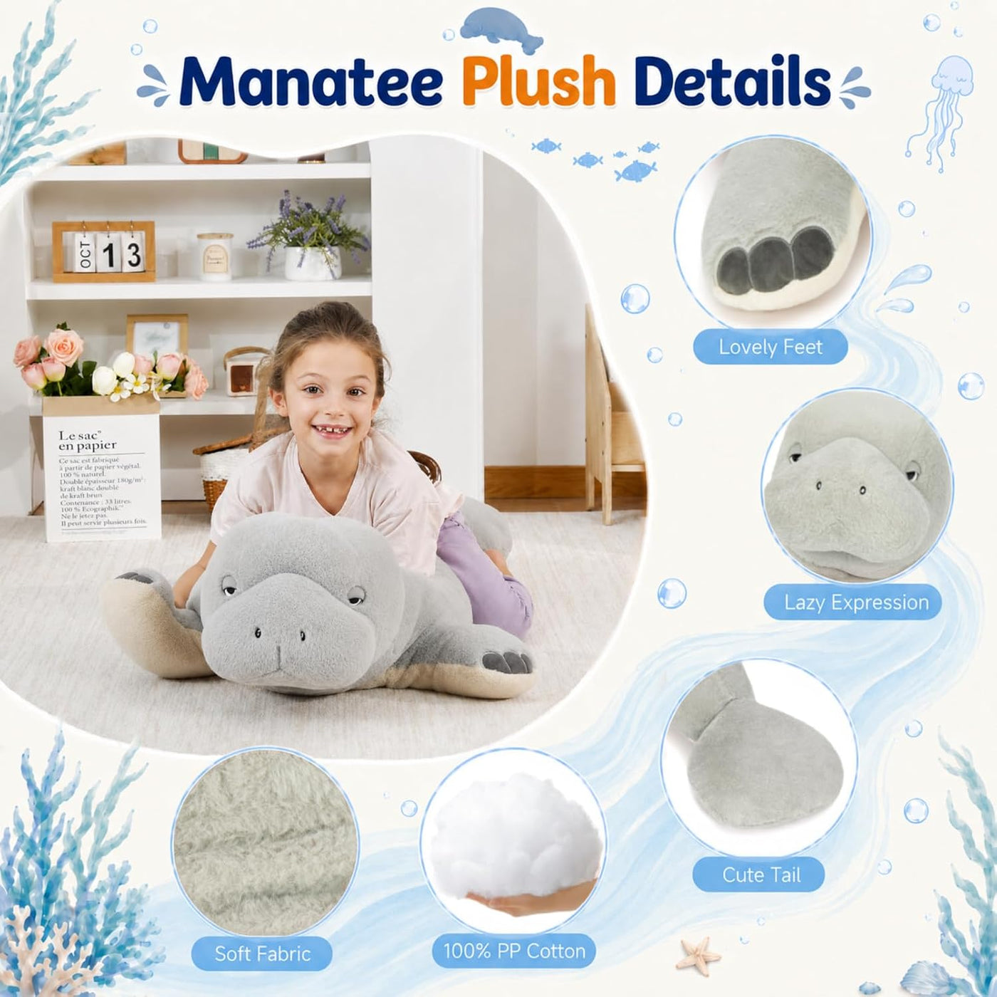 MorisMos Peluche de manatí gigante de 47 pulgadas, juguete de peluc...