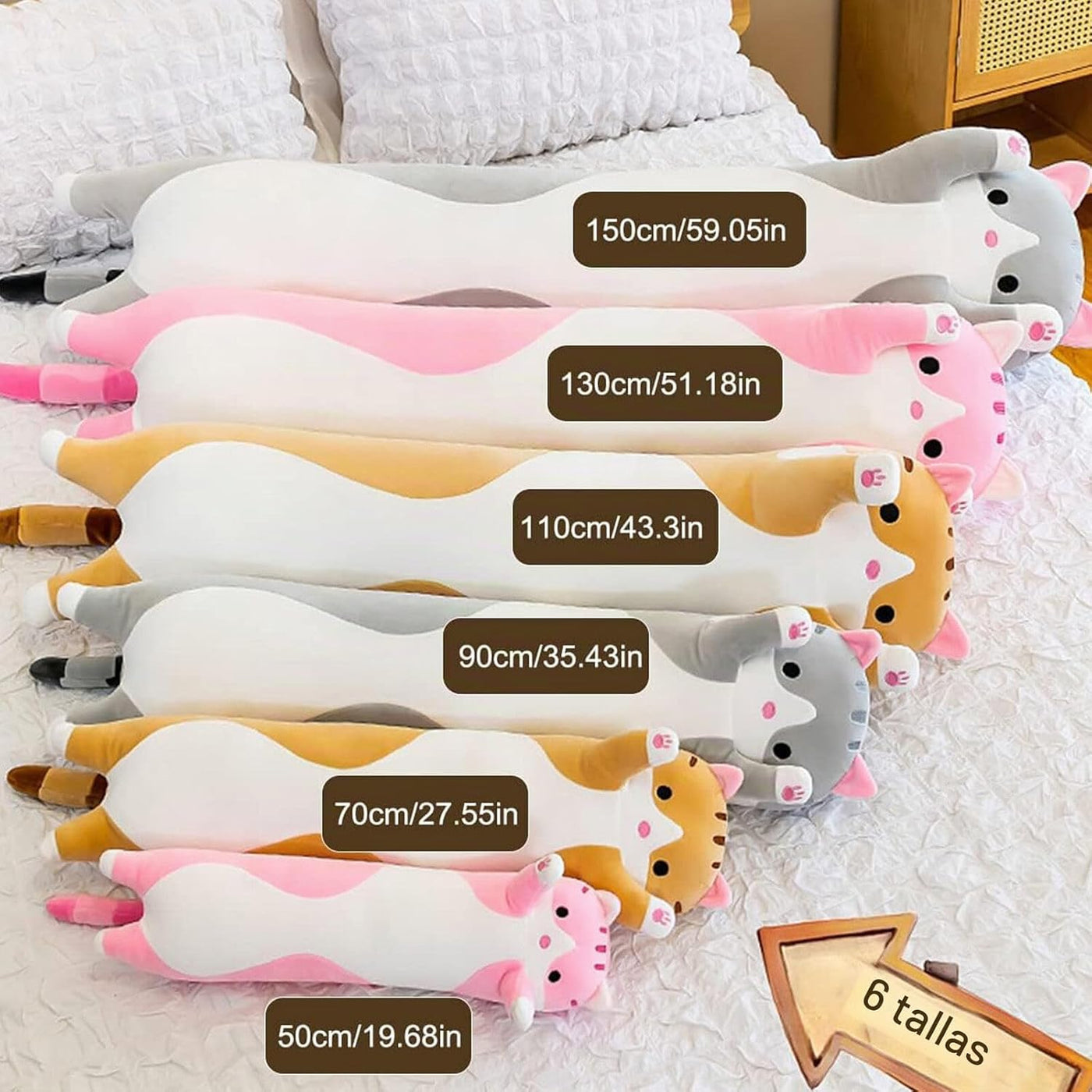 Almohada larga de felpa suave con diseño de gato para abrazar, almo...
