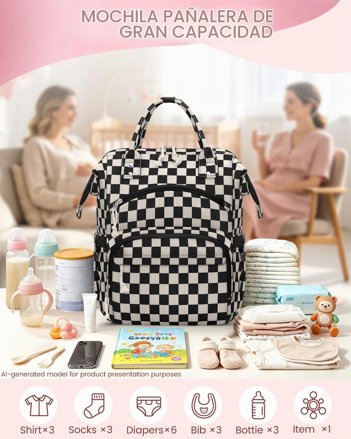 Mochila de pañales de pana para mamá, bolsa de pañales de viaje par...